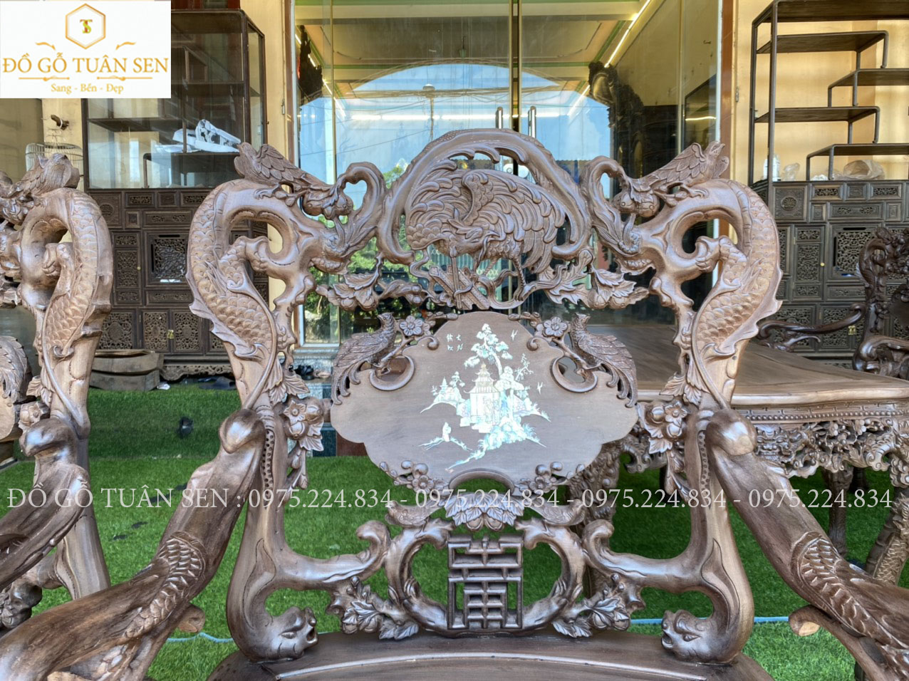 Hình ảnh bộ bàn ghế khánh rồng gỗ gụ 7 món